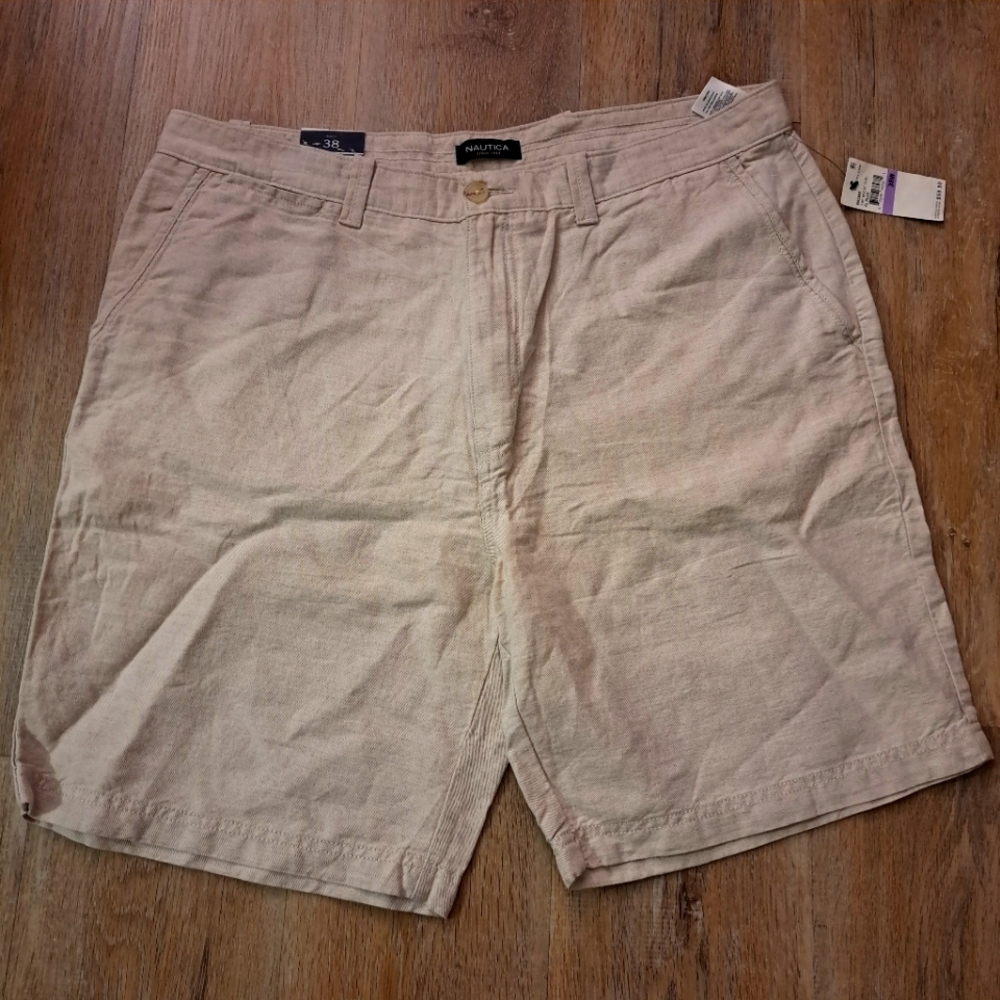 Nautica Classic Fit Flat Front Linen Cotton Blend Beige Shorts Men Size 38  NWT